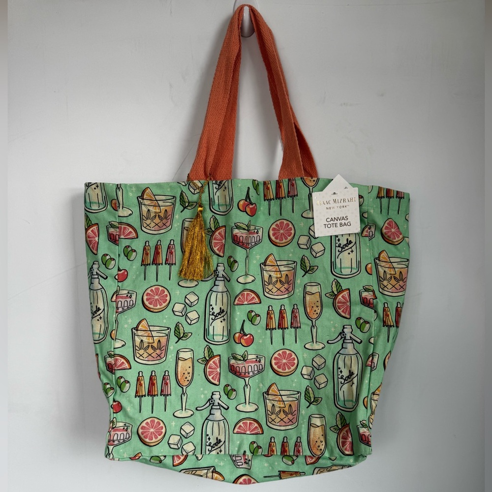 NWT Isaac Mizrahi Mint Cocktail Print Canvas Tote Bag with Orange Handles